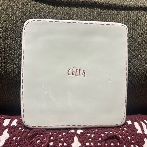 Rae Dunn Square White Plate with Red Cheer Design